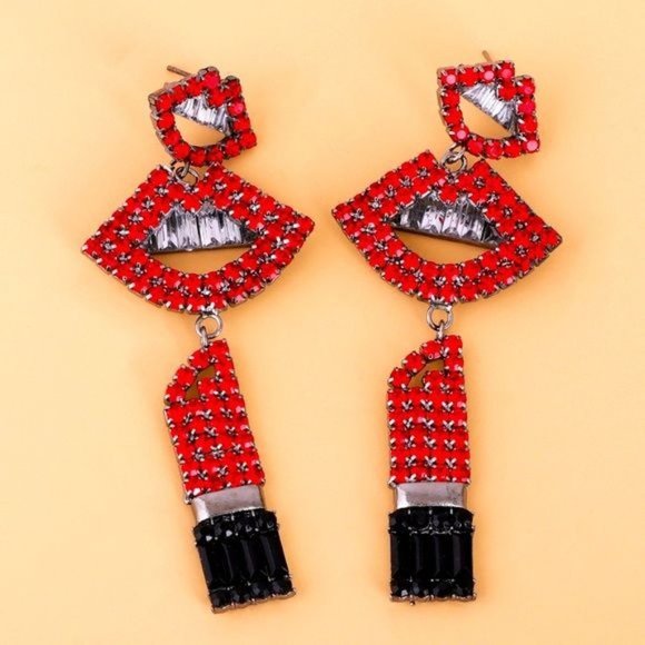 SOLD OUT💔Callie LIPS: GLOSSED & Dangling Red & Pink Jeweled Rhinestone Earrings - Picture 3 of 7